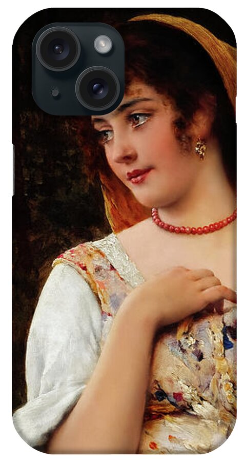 A Pensive Beauty iPhone Case featuring the painting A Pensive Beauty by Eugen von Blaas Classical Art Reproduction by Rolando Burbon