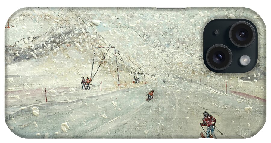 Ischgl iPhone 15 Case featuring the painting A Real Drag in Heavy Snow by Pete Caswell