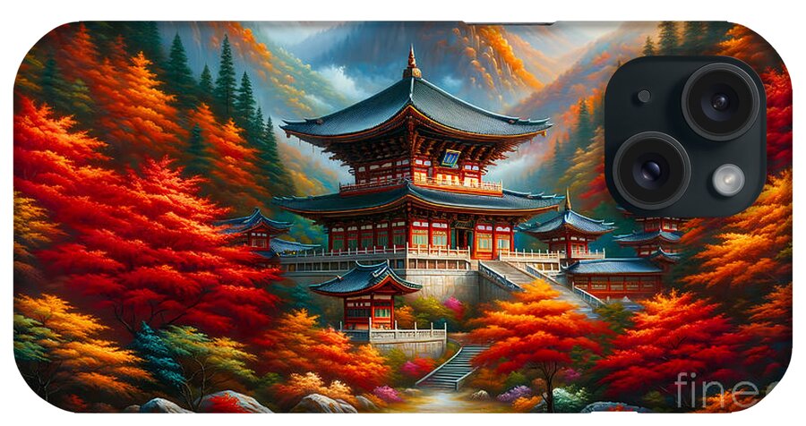 Buddhist Temple iPhone Case featuring the painting A serene Buddhist temple amidst autumn foliage in a mountain setting by Jeff Creation