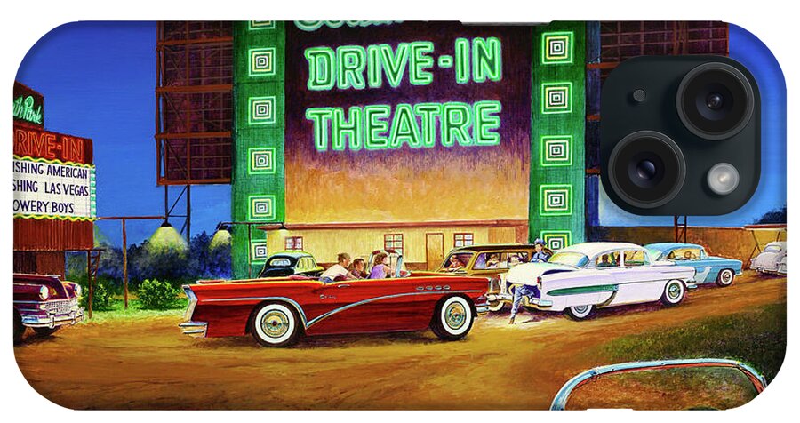 Fifties Summer Remembered South Park Drive-in Theatre Theater Neon Lights 1950 iPhone Case featuring the painting A Summer Remembered by Randy Welborn