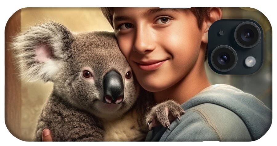 A Teen Boy Hugging A Koala  Clear Detailed Art iPhone Case featuring the painting a teen boy hugging a koala  Clear detailed by Asar Studios by Celestial Images