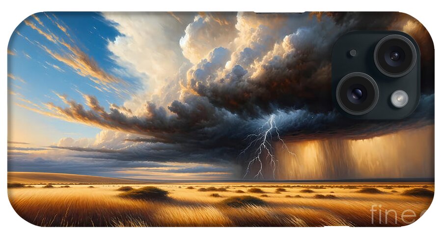 Savannah iPhone Case featuring the painting A vast savannah with a dramatic thunderstorm approaching in the distance by Jeff Creation
