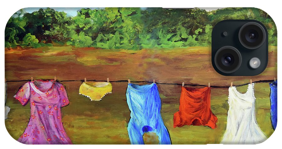 Laundry iPhone Case featuring the painting A Windy Clothes Line in Oklahoma - An Original by Cheri Wollenberg 2022 by Cheri Wollenberg