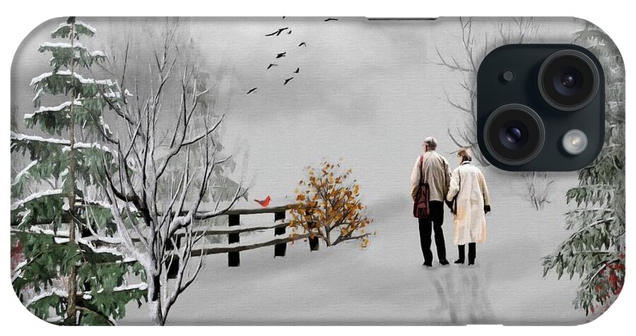 A Winter Walk iPhone Case featuring the mixed media A Winter Walk With Your Love Color by David Dehner