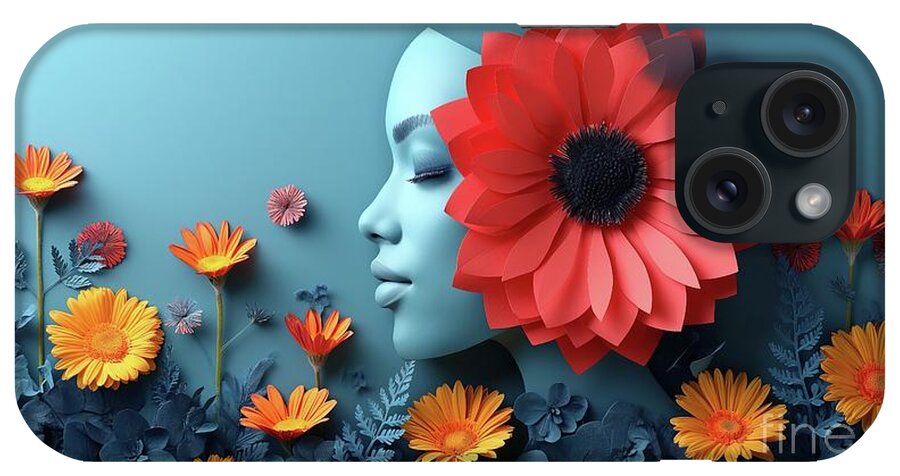 Paper Art iPhone Case featuring the photograph A woman stands with a red flower gracefully nestled in her hair, celebrating International Womens Da by Joaquin Corbalan