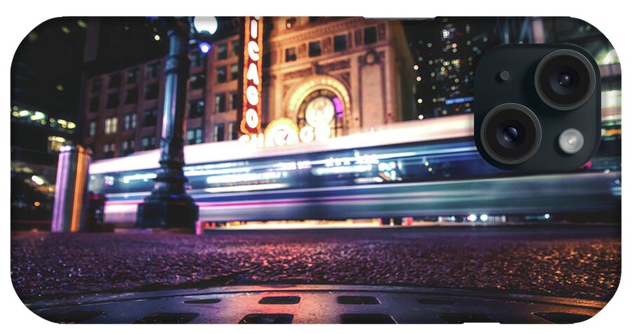 Chicago iPhone Case featuring the photograph A ZOOMING bus by the Chicago Theater #1 by Jay Smith