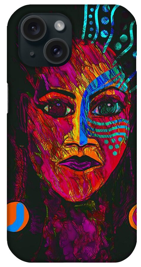 Portrait iPhone Case featuring the mixed media Abstract Woman Fiery Face Out Of Shadows by Joan Stratton