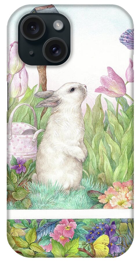 Painted Bunny iPhone Case featuring the painting Adorable Bunny and Tulips by Judith Cheng