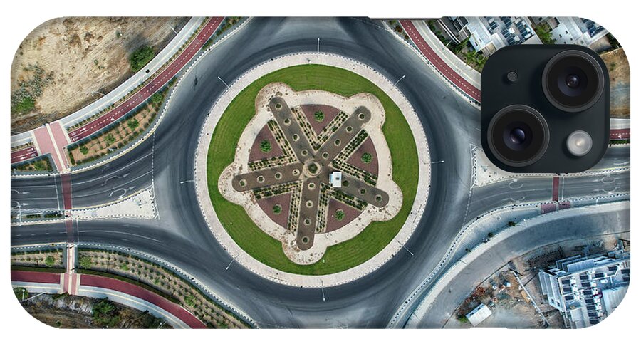 Design iPhone Case featuring the photograph Aerial drone view of a modern designed roundabout by Michalakis Ppalis