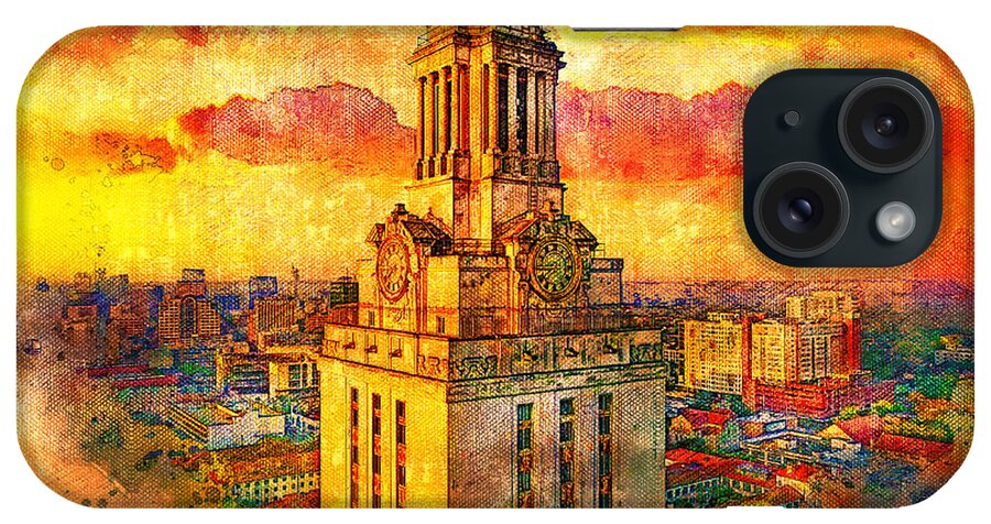 Main Building iPhone Case featuring the digital art Aerial of the Main Building of the University of Texas at Austin - digital painting by Nicko Prints