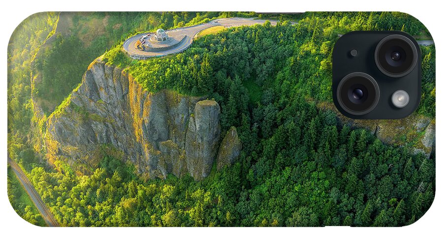 Golden Hour iPhone Case featuring the photograph Golden hour aerial view of Vista House in Columbia River Gorge with sun revealing mossy cliffs by Chris Anson