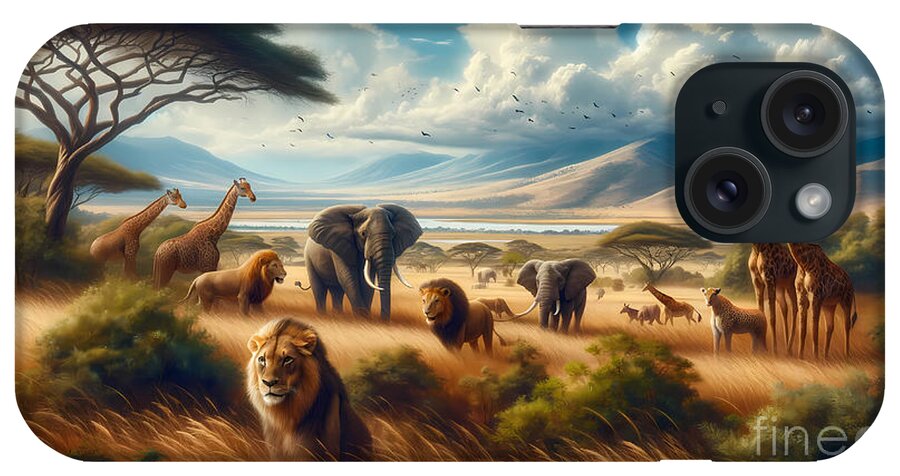 Safari iPhone Case featuring the digital art African Safari Adventure, Wildlife like lions elephants and giraffes in the African savanna by Jeff Creation