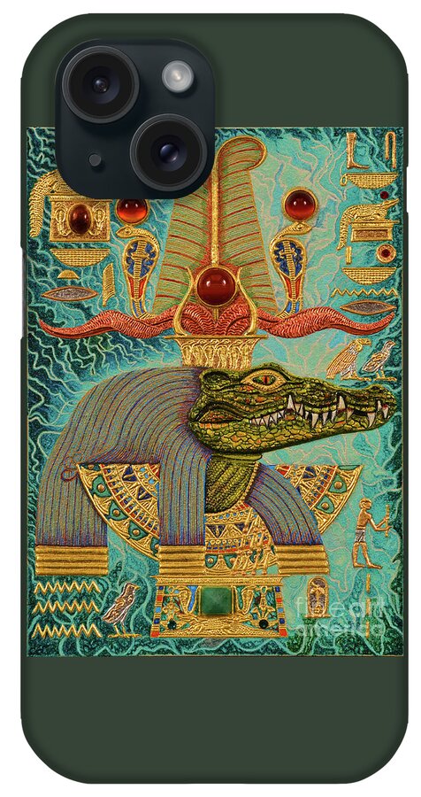 Ancient iPhone 15 Case featuring the mixed media Akem-Shield of Sobek-Ra Lord of Terror by Ptahmassu Nofra-Uaa