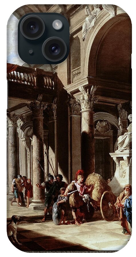 Alexander The Great Cutting The Gordian Knot iPhone Case featuring the painting Alexander the Great Cutting the Gordian Knot by Giovanni Paolo Pannini by Rolando Burbon