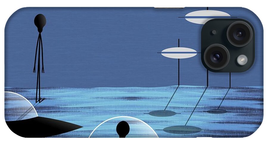 Mid Century Modern iPhone Case featuring the digital art Aliens Blue Sky by Donna Mibus