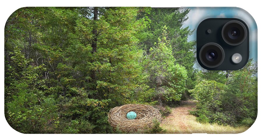Surreal Trees Blue Bird Egg Nest Forest Woods Trail Quiet Serine Calm Surrealistic Surrealism Digital Photograph Fantasy Digital Art Unreal Beyond Real Unusual Unearthly Uncanny Dreamlike Dreamscape Retouched Photoshop Edited Curious Imagination Make-believe Creative Creativity Vision Daydream Fanciful Illusion Original Mind's Eye iPhone Case featuring the photograph All Quiet by Perry Hambright