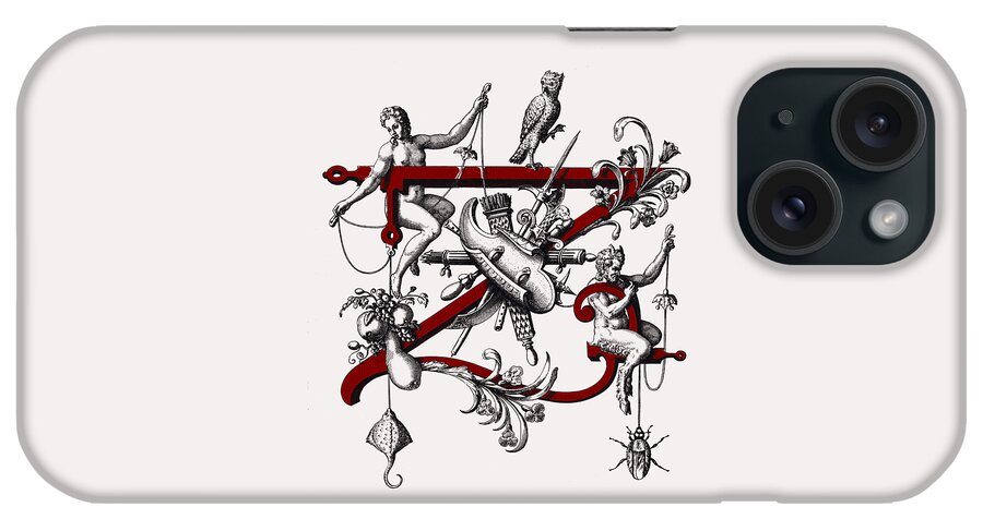 Name Day Gift iPhone Case featuring the mixed media alphabet, monogram initials, vignette letter Z, monogram Z, initial Z, name Z, abbreviation Z by Elena Gantchikova
