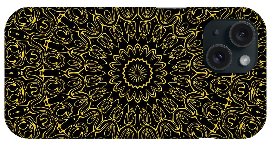 Amber iPhone Case featuring the digital art Amber on Black Mandala Kaleidoscope Medallion Flower by Mercury McCutcheon