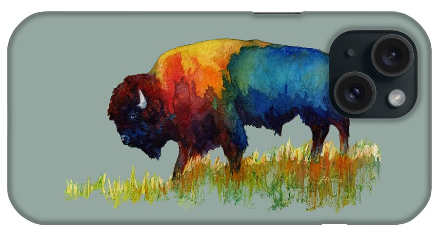 Bison iPhone Case featuring the painting American Buffalo III-solid background by Hailey E Herrera