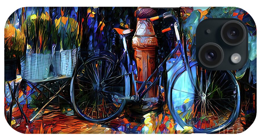 Amsterdam iPhone Case featuring the photograph Amsterdam street scene with bicycle leaning against a lamp post and colourful flowers. Digital painting by Jane Rix