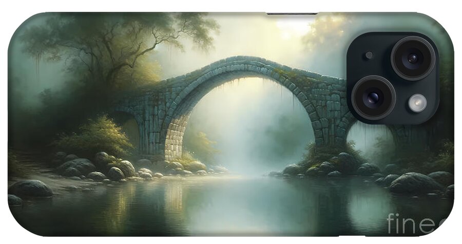 Ancient iPhone Case featuring the painting An ancient stone bridge over a serene pond in a misty morning by Jeff Creation