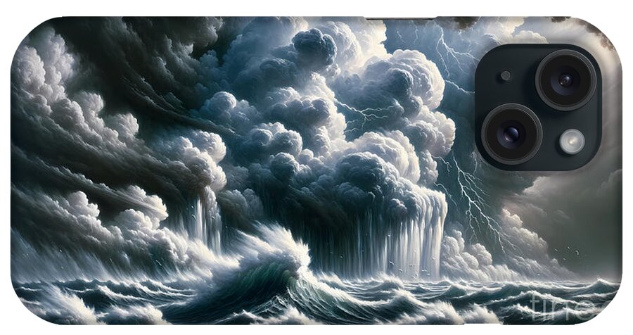 Storm iPhone Case featuring the painting An enormous, thundering storm at sea, with towering waves and dramatic clouds by Jeff Creation
