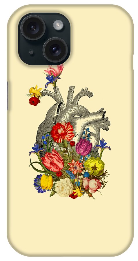 Heart iPhone Case featuring the digital art Anatomical Heart With Colorful Flowers by Madame Memento