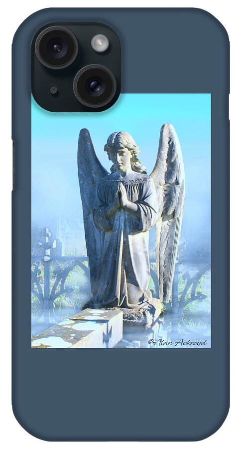 Angel iPhone Case featuring the pyrography Angel Statue in the Mist by Alan Ackroyd