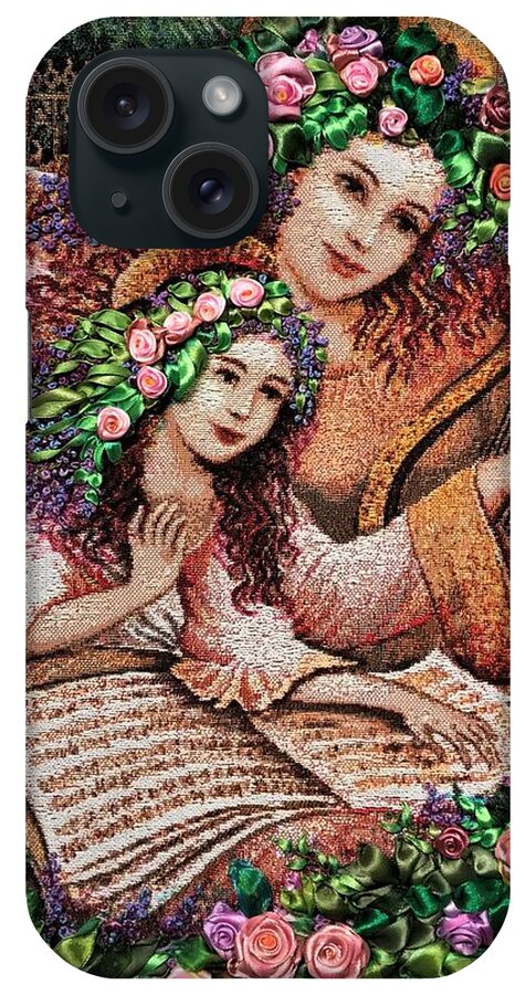 Angels Art Ribbon Embroidery On Tapestry. Home Décor Wall Art Beautiful Religious Scene To Adorn Your Formal Living Or Dining Room Art For Sale Angels Art For Wall iPhone Case featuring the tapestry - textile Angels by Tanya Harr