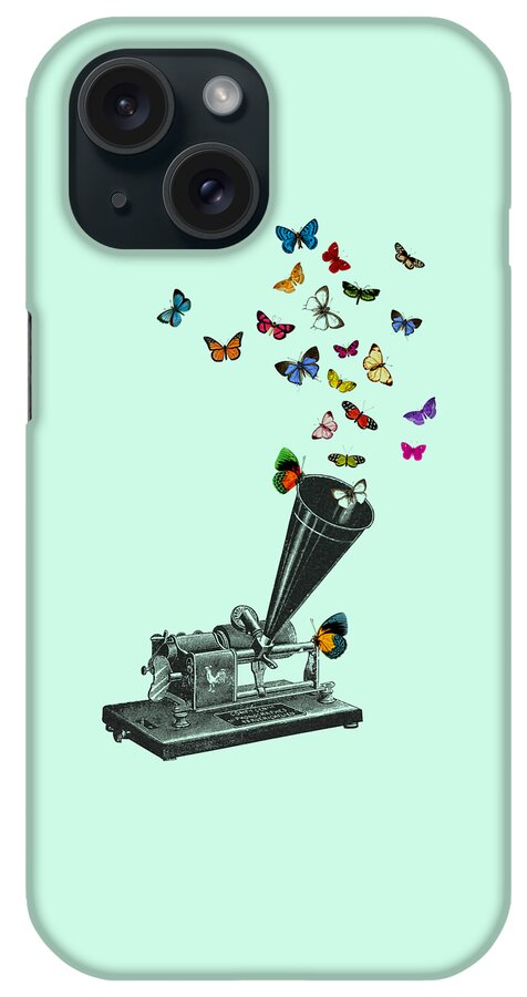 Phonograph iPhone Case featuring the digital art Antique Gramophone With Fluttering Butterflies by Madame Memento