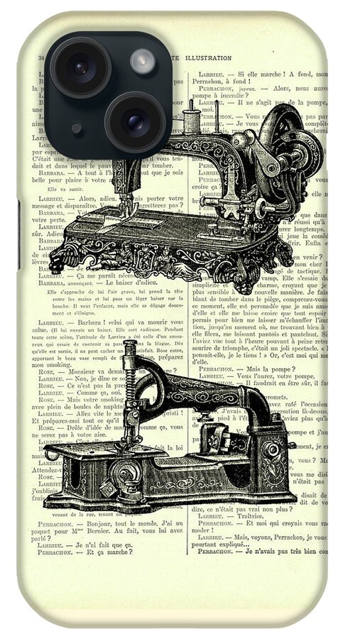 Sewing Machine iPhone Case featuring the digital art Antique sewing machines on an antique French book page by Madame Memento
