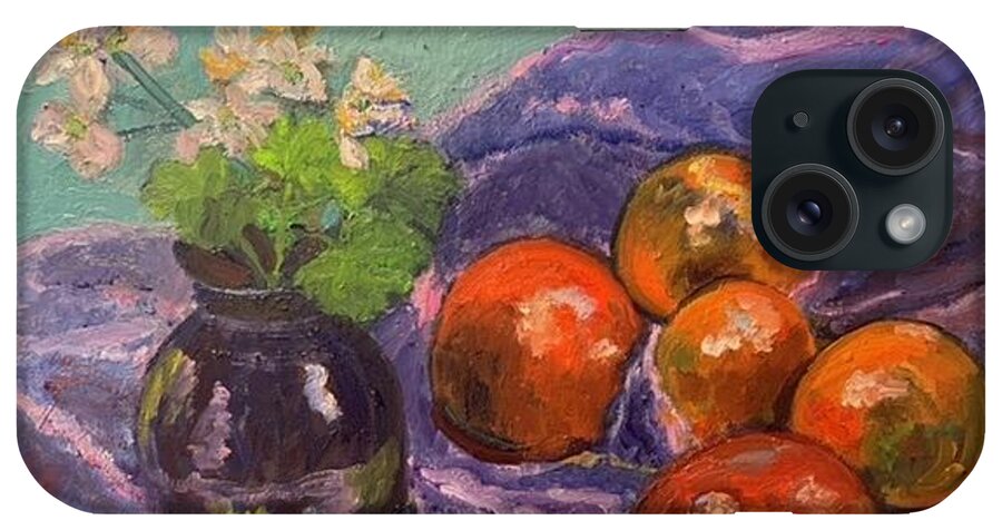 Oranges Fruit Apple Still Life Vase iPhone Case featuring the painting Apple and Oranges by Beth Riso