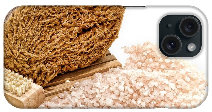 Accessories iPhone Case featuring the photograph Aromatherapy Bath Salts and Natural Sponge in Spa by Olivier Le Queinec