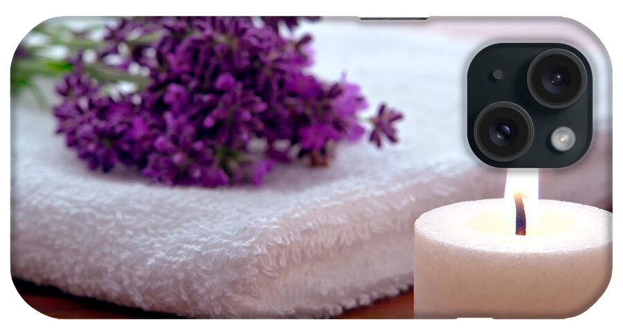 Aromatherapy iPhone Case featuring the photograph Aromatherapy Candle with Lavender Flowers on White Bath Towel in by Olivier Le Queinec