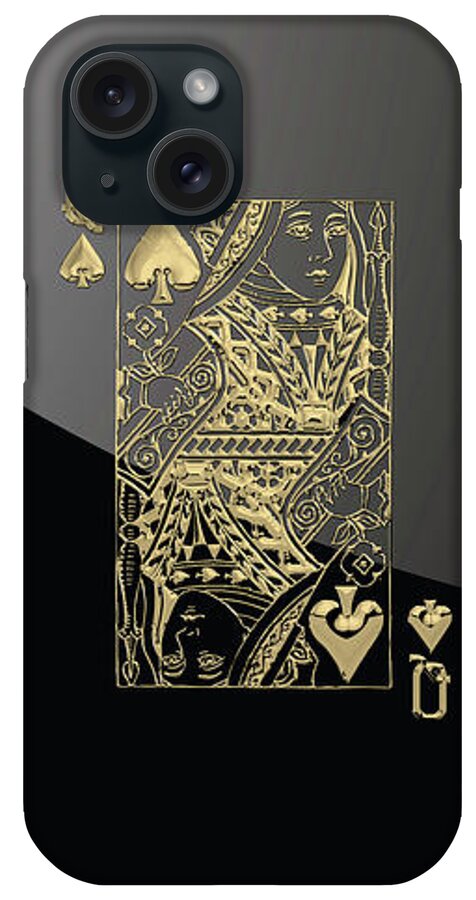 'gamble' Collection By Serge Averbukh iPhone Case featuring the digital art Queen of Spades in Gold on Black  by Serge Averbukh