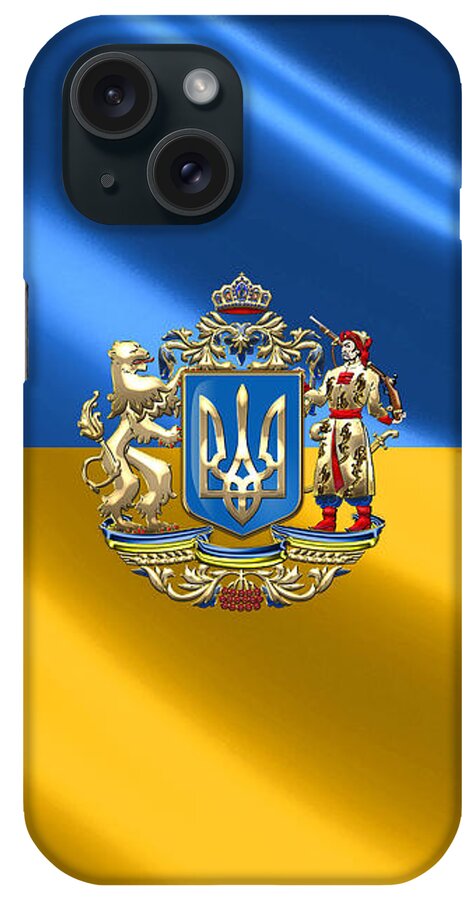 World Heraldry Collection By Serge Averbukh iPhone Case featuring the digital art Ukraine - Proposed Greater Coat of Arms over Ukrainian Flag by Serge Averbukh