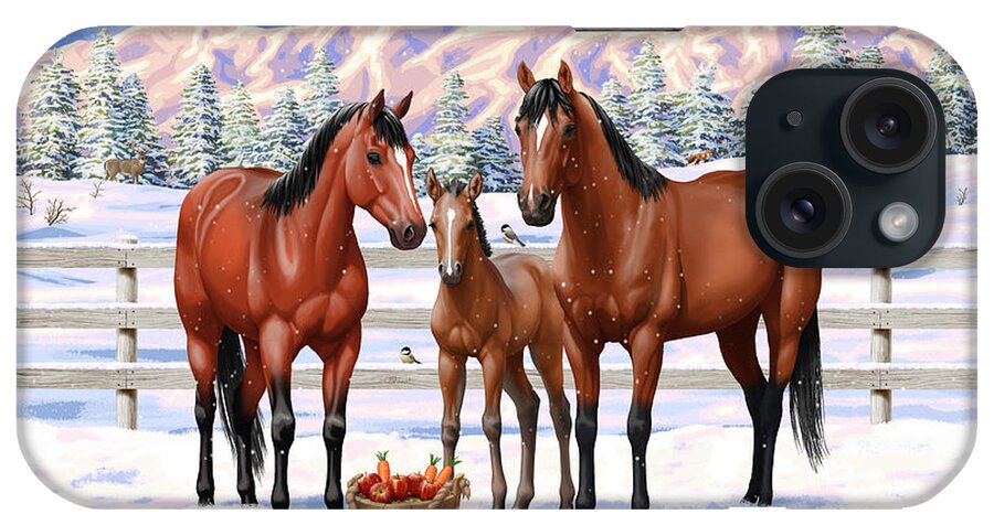Horses iPhone Case featuring the painting Bay Quarter Horses In Snow by Crista Forest