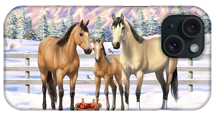 Horses iPhone Case featuring the painting Buckskin Quarter Horses In Snow by Crista Forest