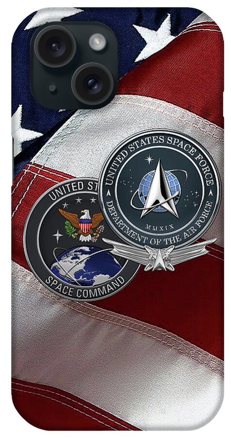 'military Insignia & Heraldry’ Collection By Serge Averbukh iPhone Case featuring the digital art United States Space Force - USSF and USSPACECOM Seals with AFSB over American Flag by Serge Averbukh