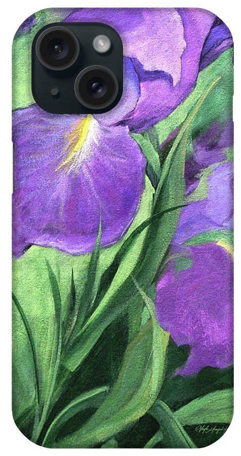 Purple Irises iPhone Case featuring the painting Hello Spring by Gayle Mangan Kassal