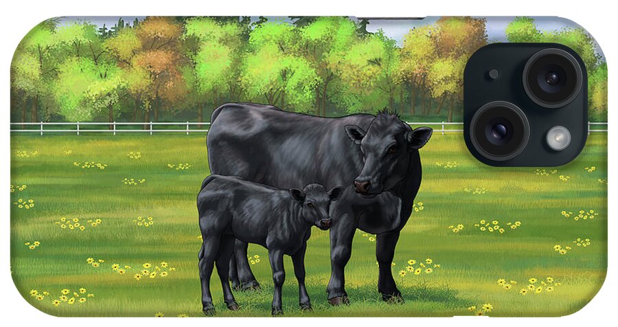 Cows iPhone Case featuring the painting Black Angus Cow and Cute Calf in Summer Pasture by Crista Forest