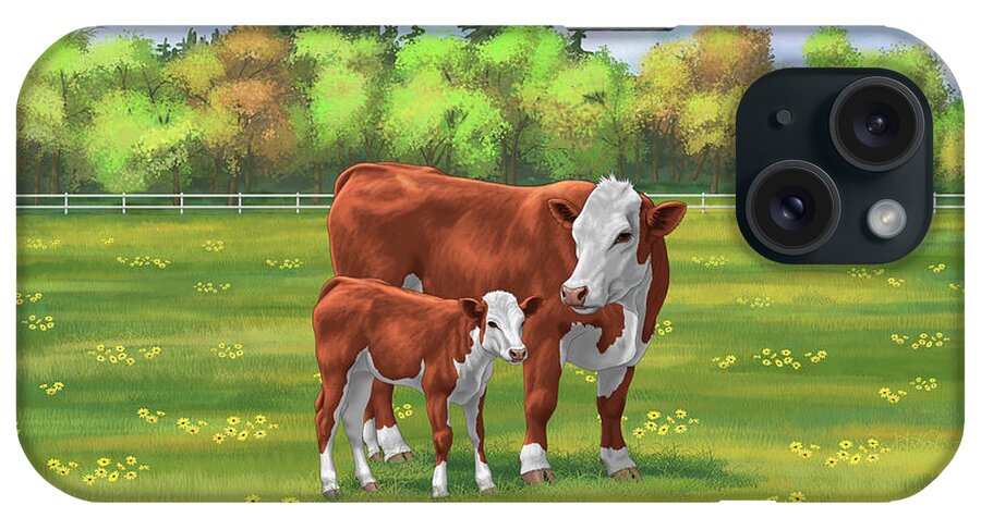 Cows iPhone Case featuring the painting Hereford Cow and Cute Calf in Summer Pasture by Crista Forest