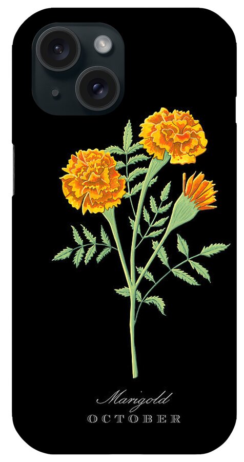 Marigold iPhone Case featuring the painting Marigold October Birth Month Flower Botanical Print on Black - Art by Jen Montgomery by Jen Montgomery