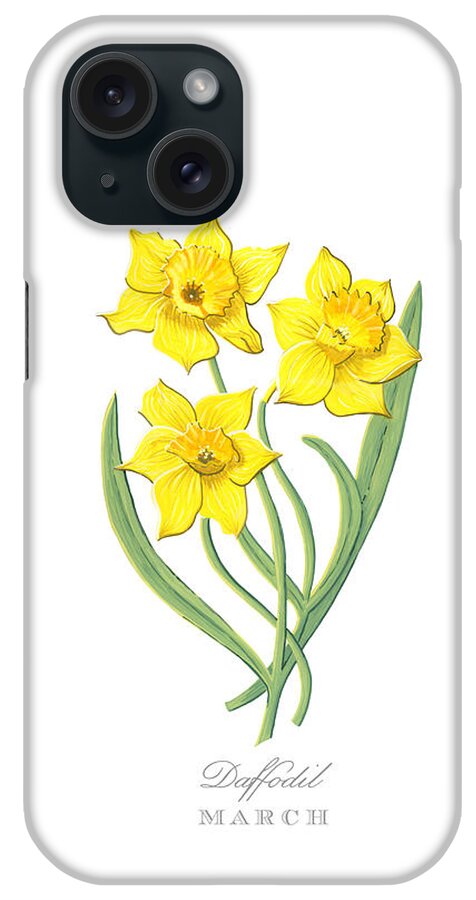 Daffodil iPhone Case featuring the painting Daffodil March Birth Month Flower Botanical Print on White - Art by Jen Montgomery by Jen Montgomery