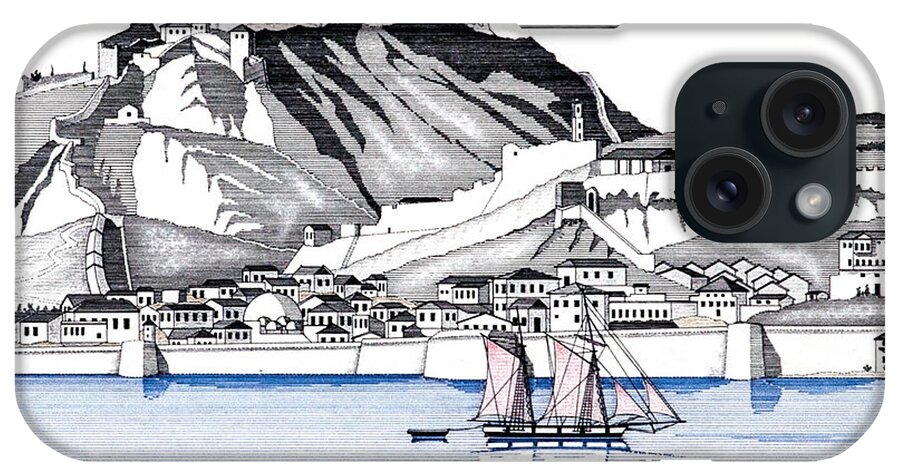 Historic Vessels iPhone Case featuring the drawing The seaport town of Nafplio in 1834 by Panagiotis Mastrantonis