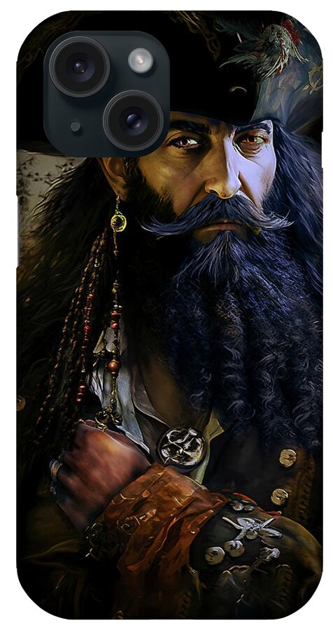 Blackbeard iPhone Case featuring the digital art Blackbeard the Pirate by Shanina Conway