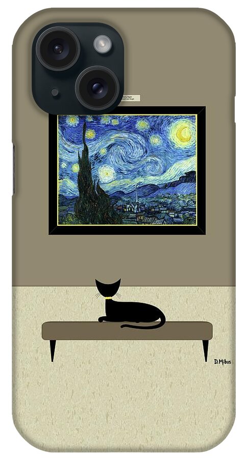 Cat iPhone Case featuring the digital art Black Cat Admires Starry Night Painting by Donna Mibus