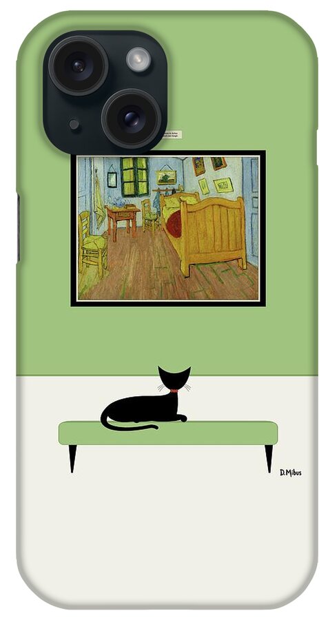 Cat At Museum iPhone Case featuring the digital art Black Cat Admires Van Gogh Bedroom by Donna Mibus