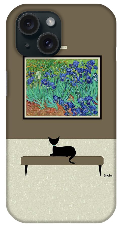 Black Cat iPhone Case featuring the digital art Black Cat Enjoys Van Gogh Irises by Donna Mibus