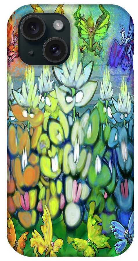 Rainbow iPhone Case featuring the digital art Rainbow Bluebonnets Scene w Pixies by Kevin Middleton